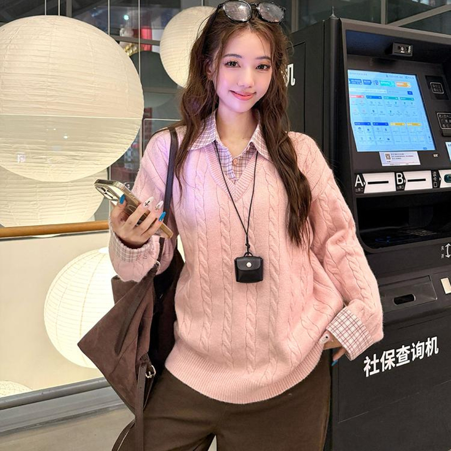 慵懒风秋冬季假两件格子拼接polo领长袖针织衫女甜美宽松麻花毛衣