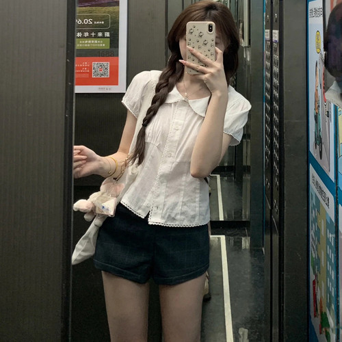 法式甜美学院风白色娃娃领衬衫女设计夏季泡泡袖上衣短袖衬衣新款