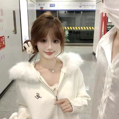 慵懒风白色毛领连帽双拉链针织新款毛衣外套女宽松开衫上衣秋冬季