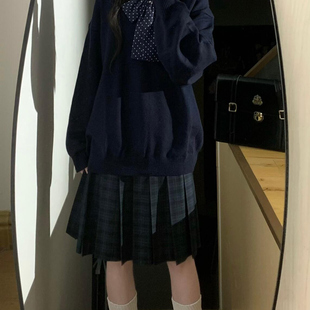 绀色针织套头长袖秋冬毛衣中长款女正版校供感海苔jk格裙半身裙子