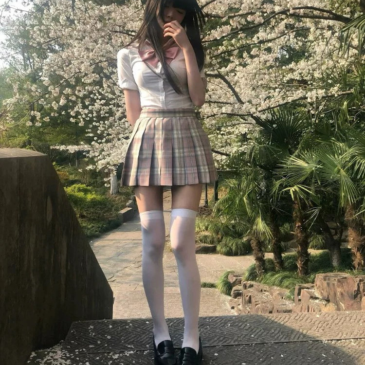 校供感短袖收腰衬衫女学院风辣妹修身白衬衣JK制服粉色格裙套装夏