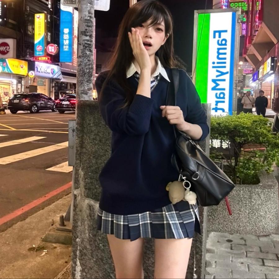 学院风日系jk制服套头毛衣女基础款纯色针织衫长袖V领叠穿上衣秋