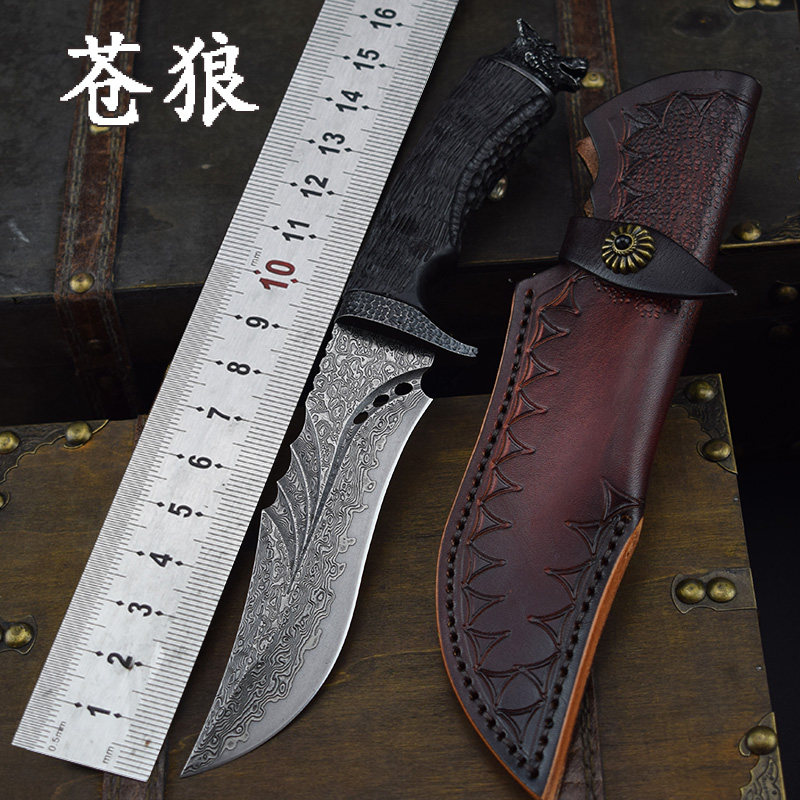 苍狼vg10芯层大马士革钢直刀高硬度户外求生刀具随身防身刀手工刀