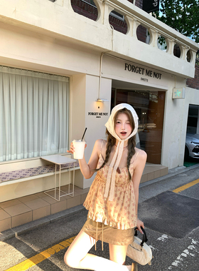 aaaaxbbb Lazy Vine 原创韩系碎花花边吊带慵懒休闲短袖圆领上衣