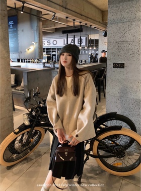 aaaaxbbb 晚秋梧桐 驼绒羊毛上衣女宽松长袖V领廓形显瘦毛呢上衣