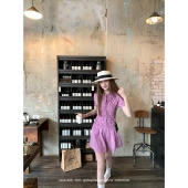 aaaaxbbb 霓虹琥珀 天丝格纹连衣裙花边松紧打揽蝴蝶结系带短裙女