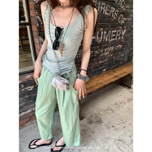 aaaaxbbb 洛凡琪幻想 薄荷绿宽松薄款长裤九分裤直筒百搭休闲裤