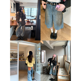 aaaaxbbb 嬉皮都市 皮口袋脏脏牛仔裤做旧复古水洗休闲裤长裤女秋