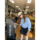 aaaaxbbb 百搭衬衣 女上衣花边宽松韩系长袖 耶纳冷调 全棉蓝色衬衫