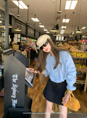 aaaaxbbb 耶纳冷调 全棉蓝色衬衫女上衣花边宽松韩系长袖百搭衬衣