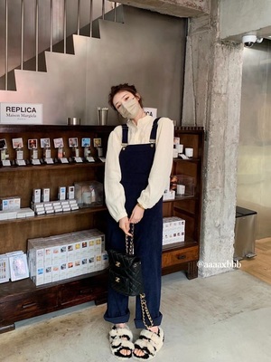 aaaaxbbb两色灯芯绒背带裤复古女