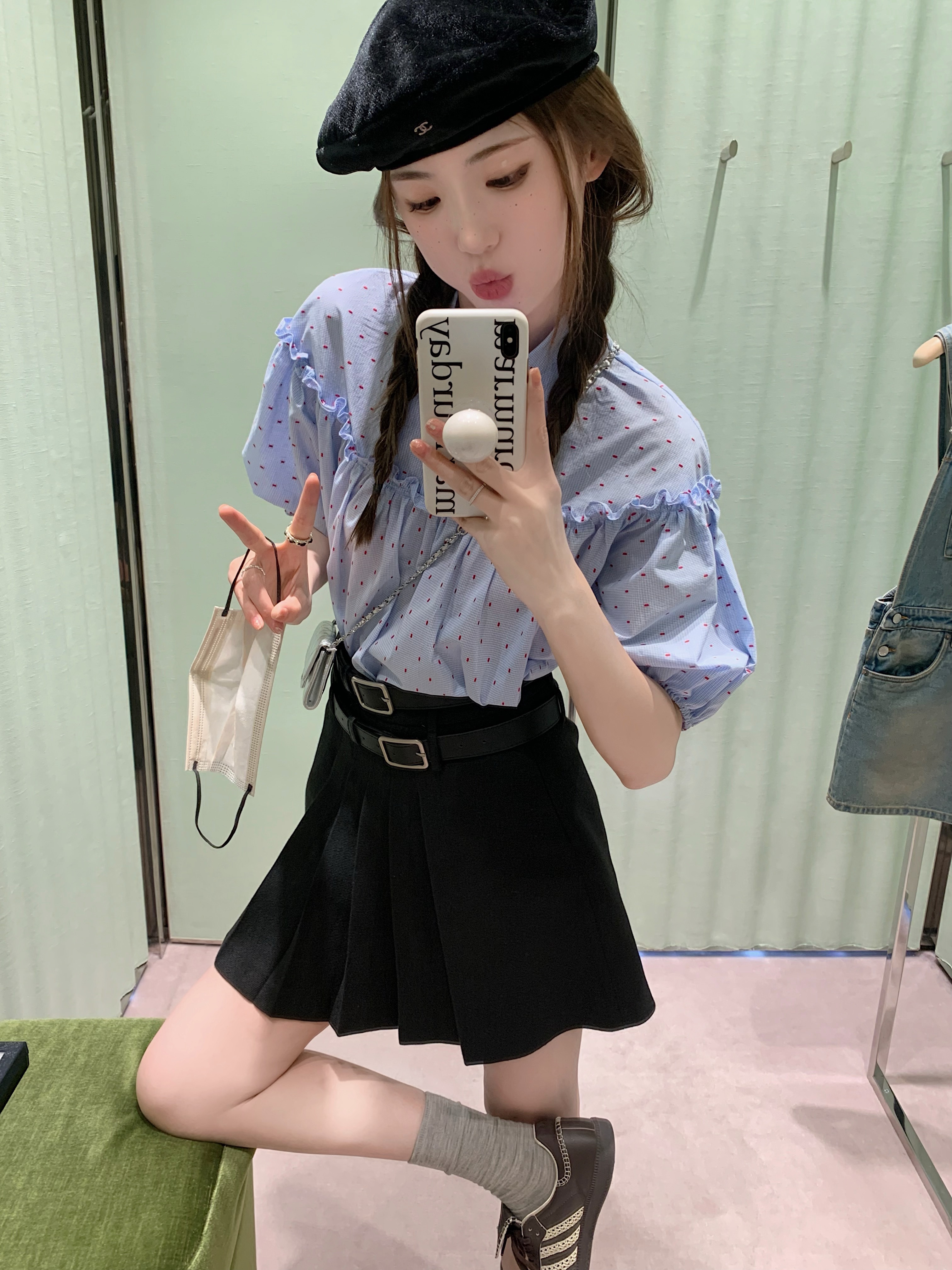 aaaaxbbb波点蓝衬衫花边宽松上衣