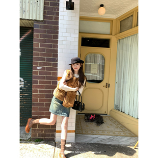 aaaaxbbb 漫步诺丁汉 复古水洗牛仔中裙设计感做旧口袋A字半身裙