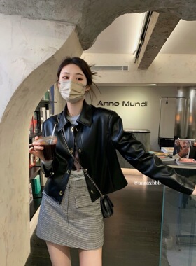 aaaaxbbb“曼哈顿暗夜”pu定制金扣黑色皮衣女休闲酷辣机车短外套