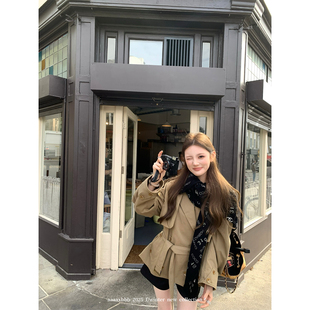 aaaaxbbb 京都橡苔 韩系棕色腰带风衣氛围感短款翻领时髦百搭外套