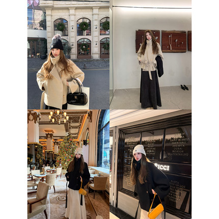 aaaaxbbb 一千个愿望 两色中长款羊毛大衣翻领系带斜门襟外套秋冬