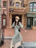 两色慵懒褶皱连衣裙夏泡泡袖 aaaaxbbb 塞纳晚风 V领高腰别致长裙