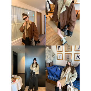 aaaaxbbb 韩系百搭毛毛翻领外套两色抽绳上衣女秋冬 圣水洞咖啡街