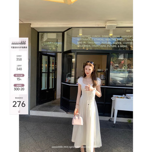 收腰长裙 白色大U领纯棉连衣裙女打揽松紧短袖 aaaaxbbb 淡颜天菜