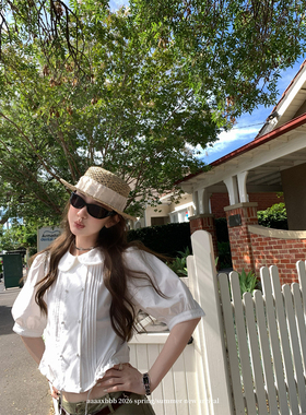 aaaaxbbb 巴拿马玫瑰 中袖娃娃领纯棉白衬衫抓襟花边泡泡袖上衣女