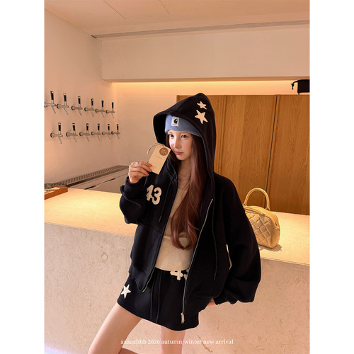 aaaaxbbb 美式青春片 星星字母连帽外套女贴布绣卫衣A字短裙套装