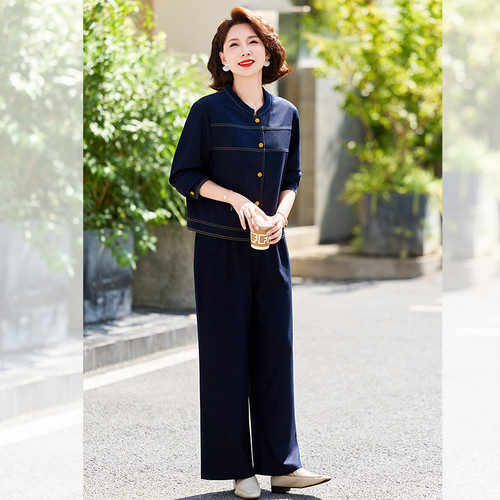 春秋妈妈显瘦牛仔阔腿两件套