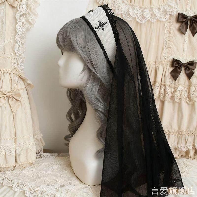 哥特修女头饰复古发带万圣圣诞节黑白Lolita圣女教堂十字披肩头纱