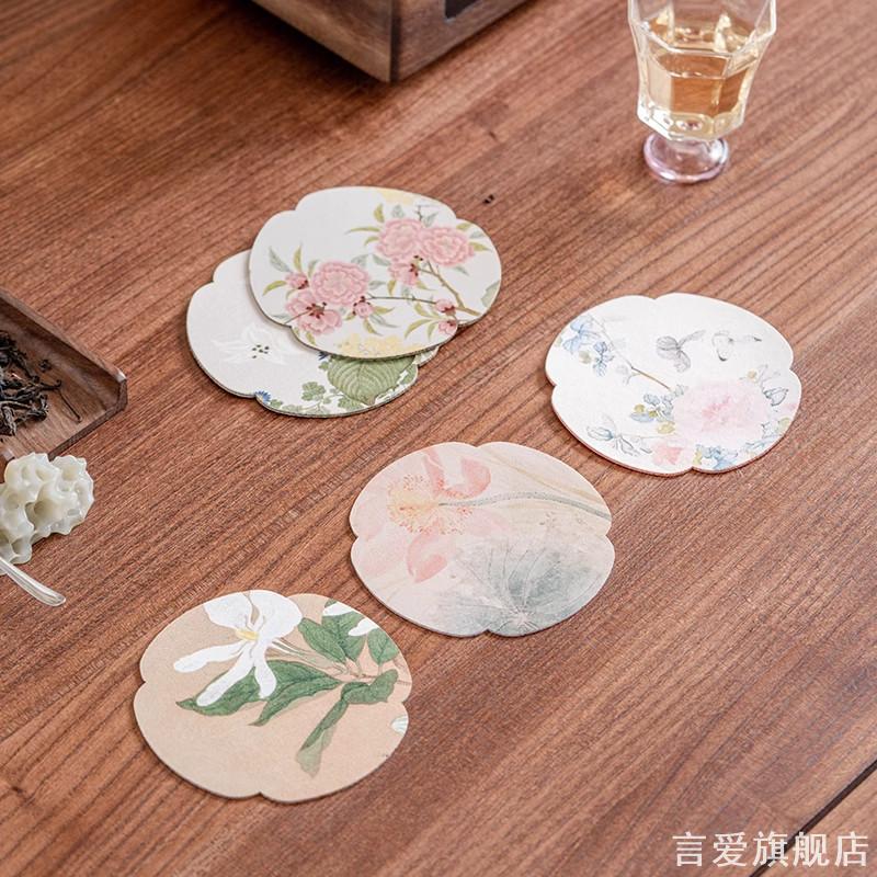 水墨牡丹花瓣形水杯垫国风茶室专用防水皮质酒杯隔热防滑小杯垫