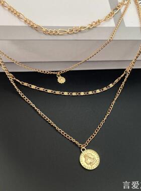金属人像钱币吊坠项链女多层叠戴