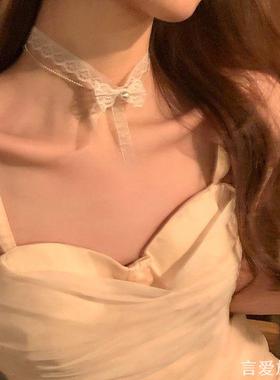 立体蝴蝶结项链女锁骨链蕾丝带