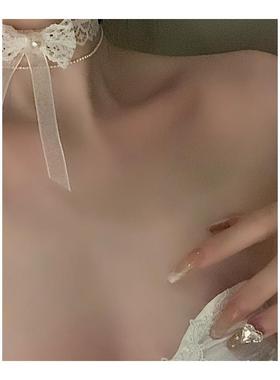 立体蝴蝶结项链女锁骨链蕾丝带