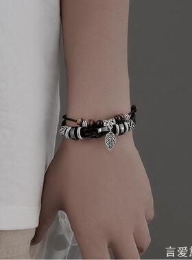 新款复古手链多层编织皮革手环
