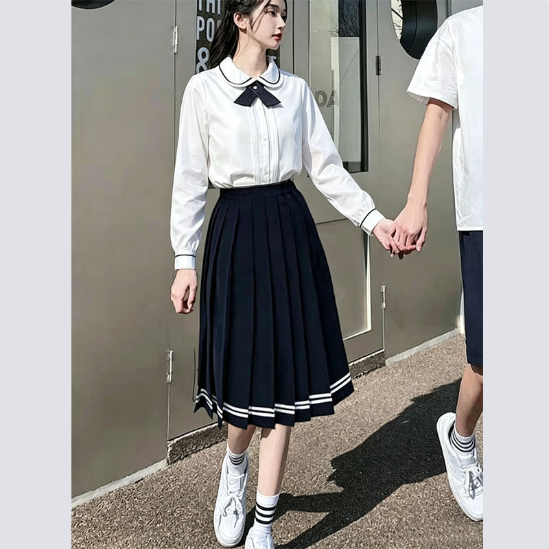 学院风班服长袖衬衫中长款百褶裙半身长裙学生套装大码jk制服女秋