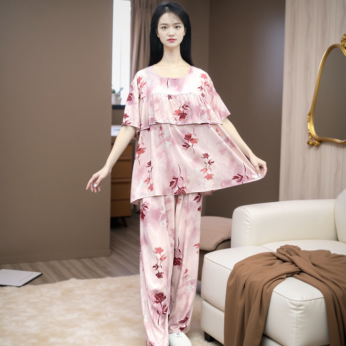 新款防凸点棉绸睡衣女夏季人造棉短袖长裤可外穿大码家居服Y112