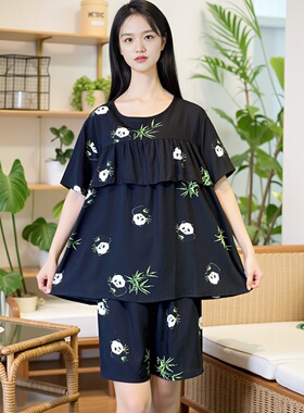 新款棉绸短袖睡衣女防凸点时尚大码碎花可外穿宽松家居服套装Y116