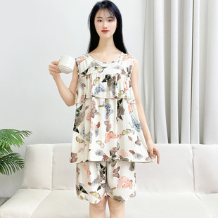 夏季 Y115 棉绸睡衣背心短裤 可外穿家居服套装 女防凸点大码 新款