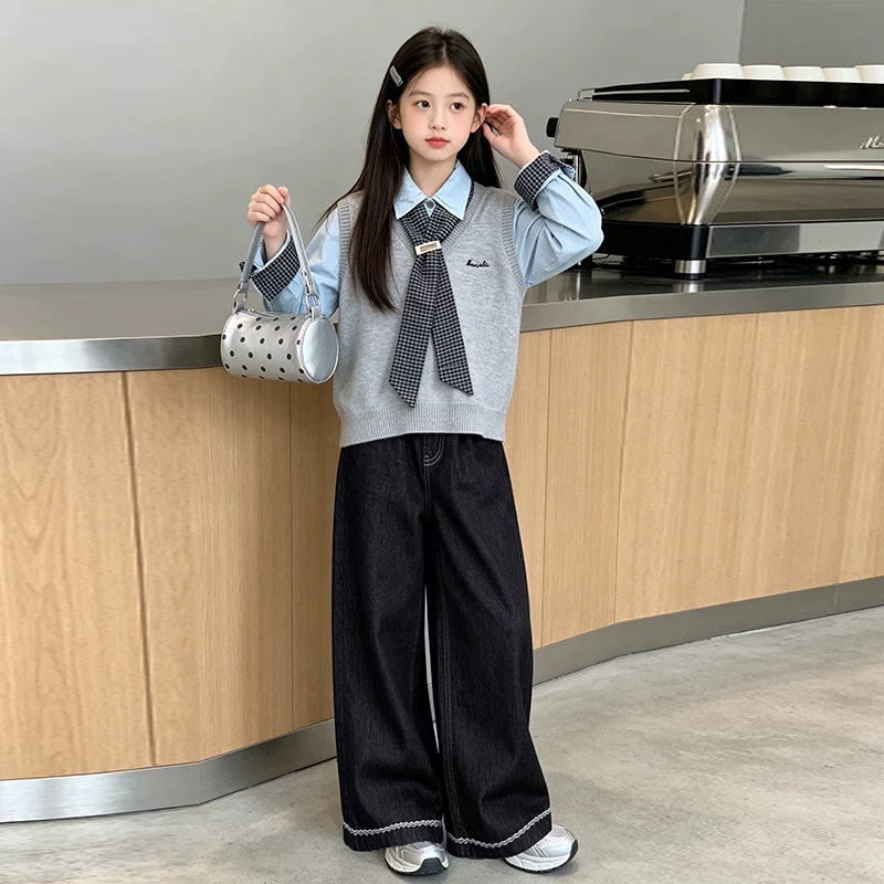 女童春秋洋气学院风三件套针织马甲衬衫领带阔腿裤时尚穿搭套装潮