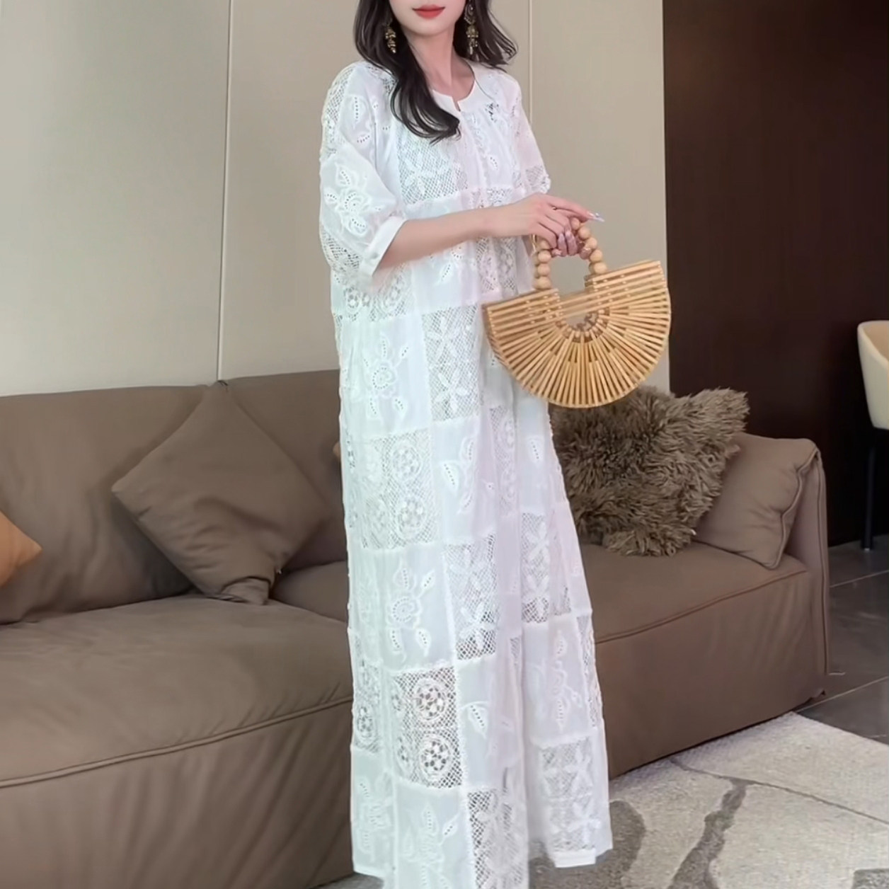 唯美气质蕾丝长裙2025夏季新款重工刺绣高贵长款仙气大码连衣裙女