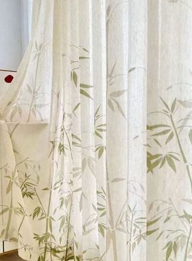 窗帘绿色竹叶新中式窗纱书房茶楼客厅飘窗麻纱道具背景装饰古风