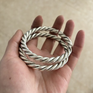 仿古古玩苗银藏银三股实心开口手镯银镯子女手环一对