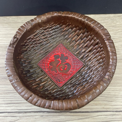 古玩收藏大号福字簸箕复古聚财加厚摆件吉祥铜器盆满