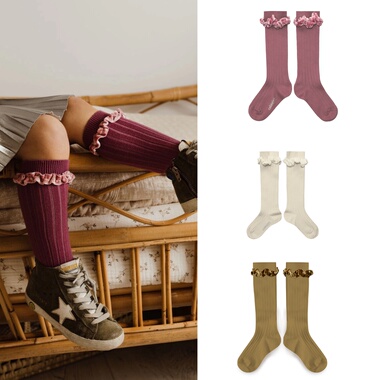 法国collegien现货25秋冬新款女童中筒袜子小腿袜花边宝宝袜子