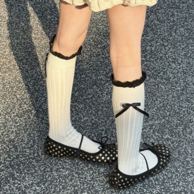 Collegien2026ss春夏新款蕾丝蝴蝶结中筒袜女宝宝儿童袜子