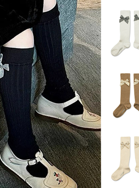 现货collegien法国新款蝴蝶结小腿袜女童纯棉中筒袜纯色膝盖袜