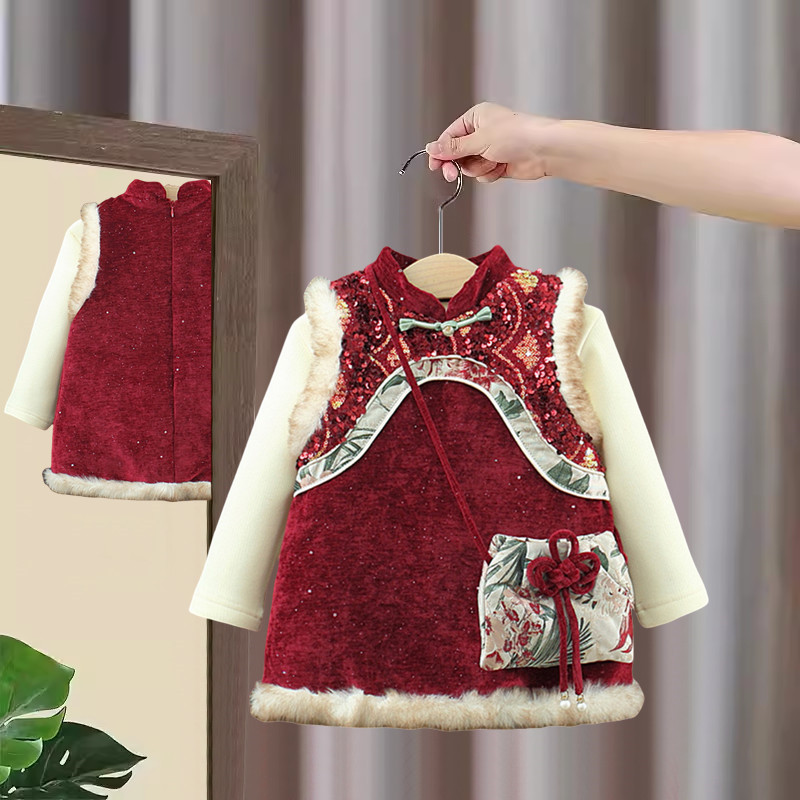 拜年服女童加绒背心裙周岁礼服