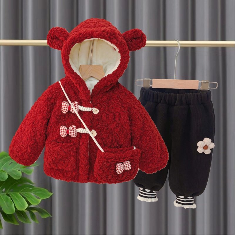 女童加绒冬季棉服套装新款洋气外套宝宝冬装加厚保暖棉衣棉袄棉裤