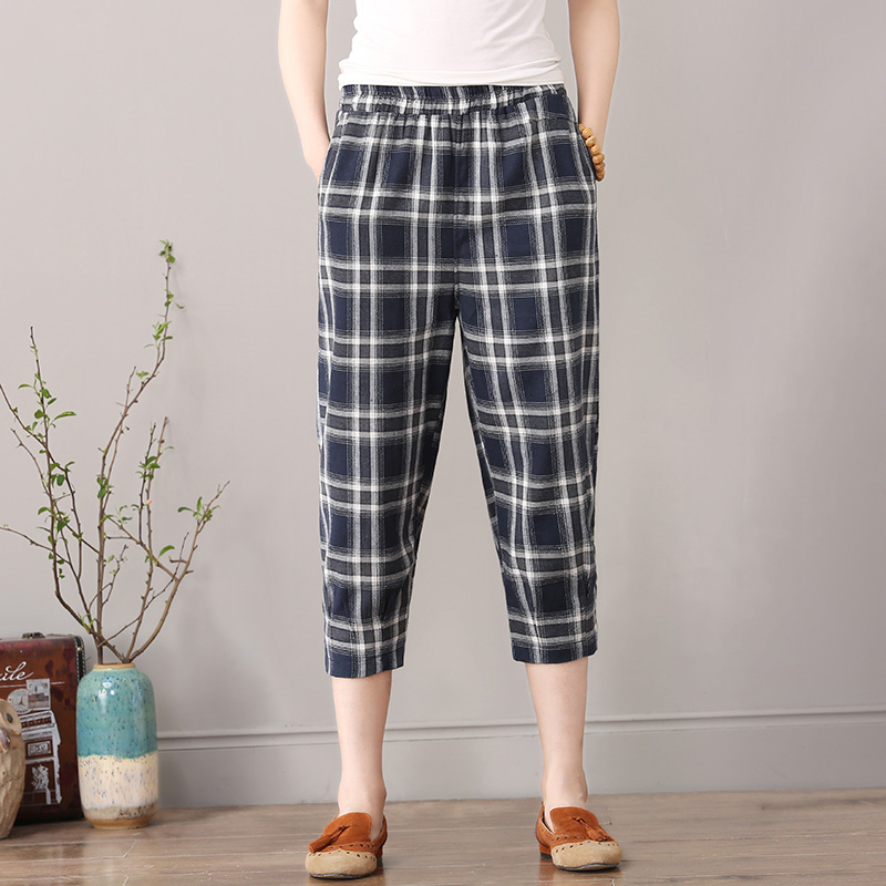 2020 summer new pattern literature Cotton and hemp Nine points Haren pants Plaid Easy Frenum Large leisure time Versatile Casual pantsin the Women's clothing/Boutique , Pants , Casual pants  category - from Buy2taobao.com to provide professional Taobao agent buy service