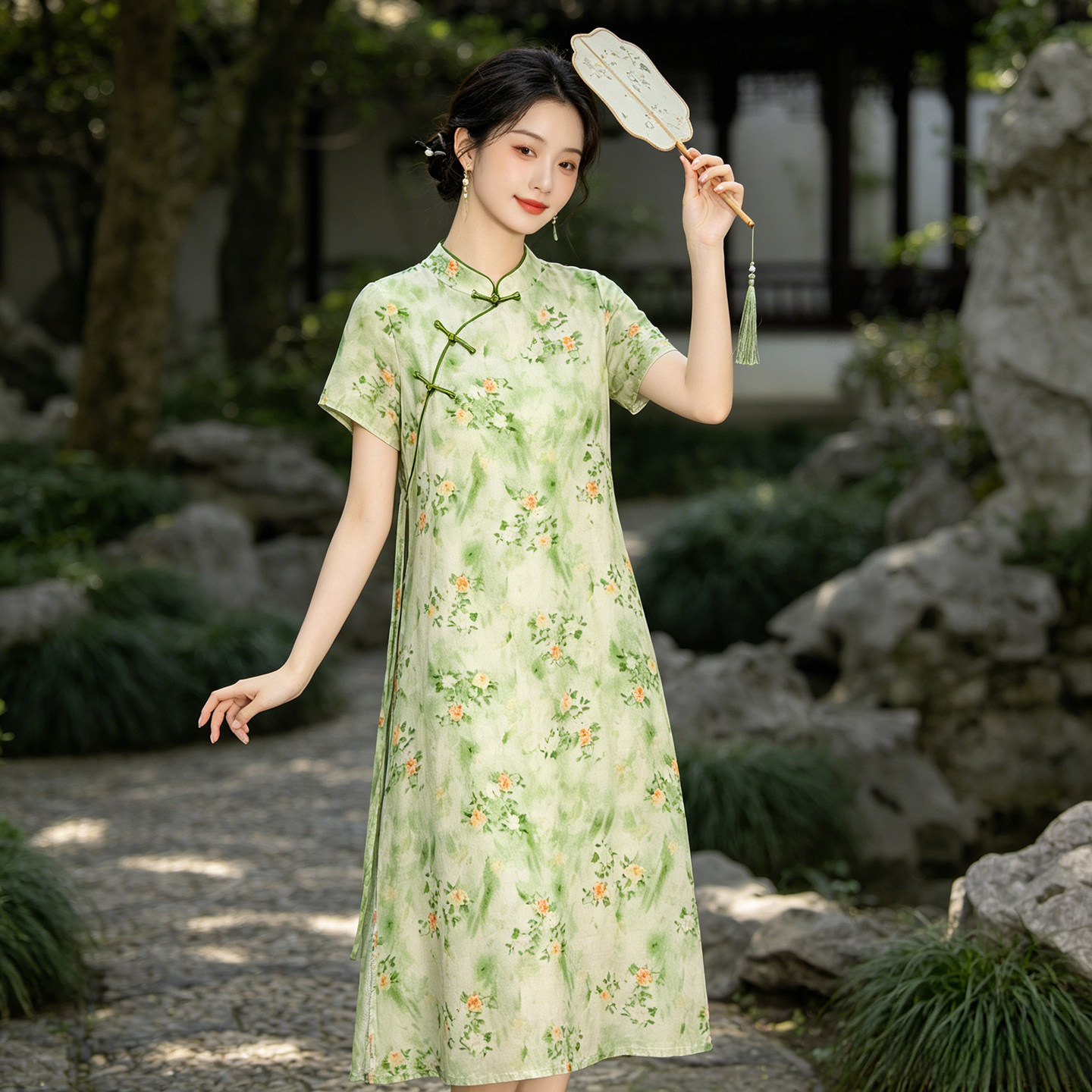 人造棉女士国风新中式改良旗袍时尚洋气棉绸新款连衣裙日常可外穿