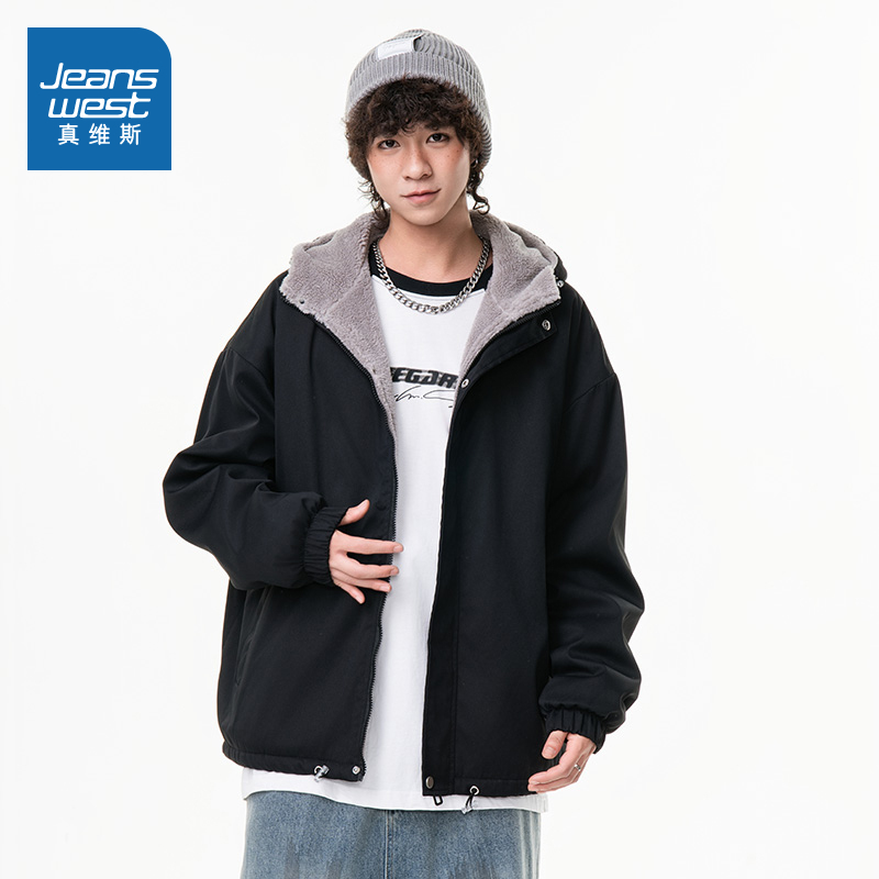 VF真维斯男装2025春季新款 潮牌时尚男款羊羔绒保暖棉服连帽外套