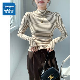 LE真维斯女装2025秋季新款 半高领条纹韩版显瘦内搭修身打底衫女